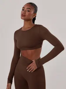 StyleCast Solid Brown Long Sleeves Lace-Up Detail Back Crop Top