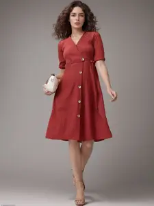 DressBerry Women V Neck Puff Sleeves Wrap Dress