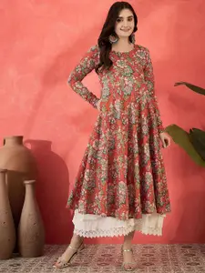 Sangria Women Floral Printed Round Neck Long Sleeves Maxi Ethnic Dress