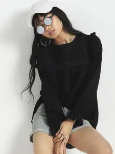 Sera Women Black Pleated Yoke Ruffle Korean Top