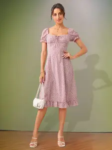 Dream Beauty Fashion Floral Print Sweetheart Neck Tie-Ups Detail Fit & Flare Midi Dress