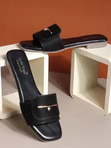 Sole Saga Women Black Solid Synthetic Leather Casual Open Toe Flats