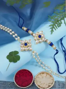 I Jewels 2 Pieces Kundan Pearls Hanging Bhaiya Bhabhi Lumba Rakhi Bracelet Combo Set