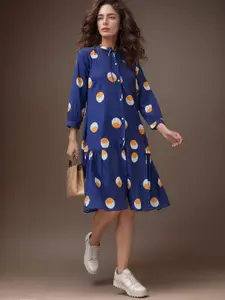 DressBerry Printed Tie-Up Neck Puff Sleeve Fit & Flare Dress