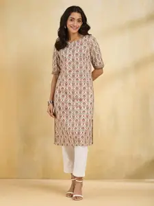 Fabindia Floral Printed Hand Block Printed Cotton Straight Kurta