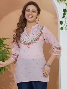 keshubaba Floral Printed Mandarin Collar Straight Pure Cotton Short Kurta