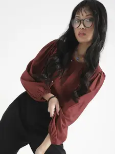 Sera Women Rust Cotton Nylon Puff Sleeve Top