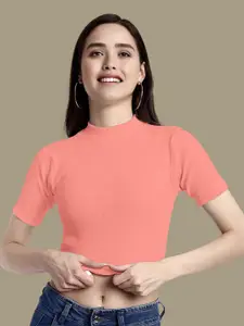 Dream Beauty Fashion Solid Peach Round Neck Crop Top