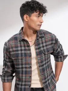 HIGHLANDER Men Comfort Relaxed Fit Cutaway Collar Tartan Checked Cotton Casual Shirt