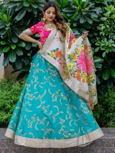 FABPIXEL Embroidered Sequinned Semi-Stitched Lehenga & Unstitched Blouse With Dupatta