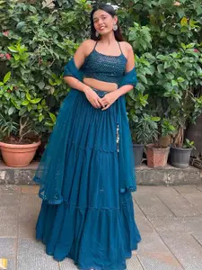 FABPIXEL Embroidered Sequinned Semi-Stitched Lehenga & Unstitched Blouse With Dupatta