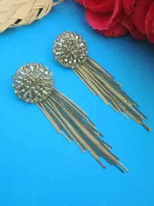 DIVASTRI Gold-Plated Artificial Stones Studded Tasselled Contemporary shaped Drop Earrings