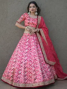 FABPIXEL Embroidered Sequinned Semi-Stitched Lehenga & Unstitched Blouse With Dupatta