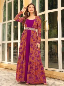 Janasya Women Pink Georgette Floral Printed Embroidered Belted Dress With Jacket