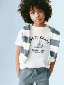 Mango Kids Boys Typography Print Drop-Shoulder Sleeves Pure Cotton T-shirt