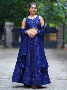 FABPIXEL Embroidered Sequinned Semi-Stitched Lehenga & Unstitched Blouse With Dupatta