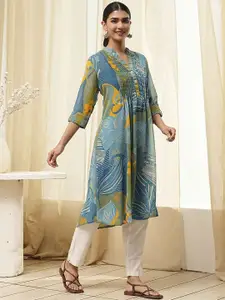 Biba Floral Printed Mandarin Collar A-Line Kurta