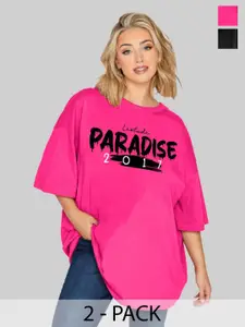 Leotude Women Pack Of 2 Typography Printed Round Neck Cotton Oversized T-shirts