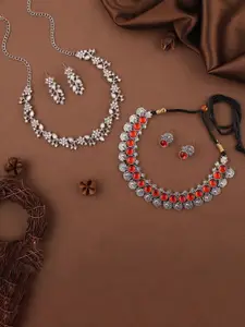 Lyriss Set Of 2 Silver Plated American Diamond Stone Studded Necklace With Drop Earrings