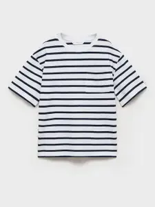 Mango Kids Boys Striped Drop-Shoulder Sleeves Pure Cotton T-shirt