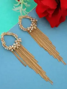 DIVASTRI Gold-Plated Artificial Beaded Oval Shaped Tasselled Drop Earrings