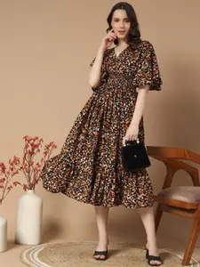 Raiyani Fashion Women Animal Printed Flared Sleeve Fit & Flare Midi Dress