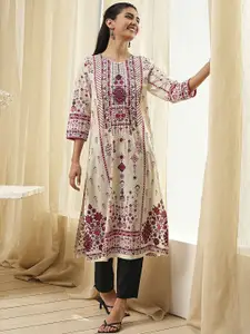 Biba Flotral Printed Thread Work Cotton A-Line Kurta