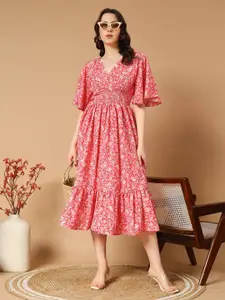 Raiyani Fashion Women Floral Printed V-Neck Flared Sleeve Midi Warp Dress