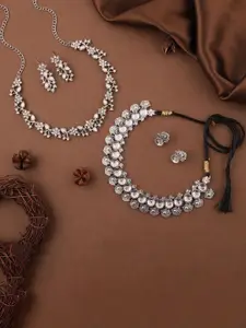 Lyriss Set Of 2 Silver Plated American Diamond Stone Studded Necklace With Drop Earrings