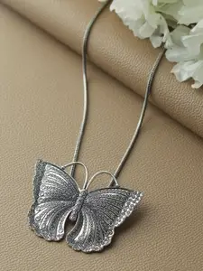 Sangria German Silver Silver-Plated Butterfly Shaped Minimal Oxidised Pendant With Chain