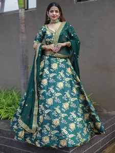 FABPIXEL Embroidered Sequinned Semi-Stitched Lehenga & Unstitched Blouse With Dupatta