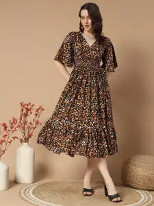 Raiyani Fashion Women Abstract Printed Flared Sleeve Midi Fit & Flare Dress