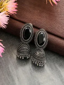 Sangria Silver-Plated Artificial Stones Studded Oxidised Dome Shaped Jhumkas