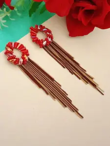 DIVASTRI Gold-Plated Artificial Stones Studded Tasselled Contemporary shaped Drop Earrings