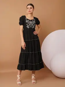 Chemistry Women Embroidered Fit & Flare Puff Sleeve Midi Dress