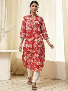 Biba Floral Printed Shirt Collar Straight Cotton Kurta