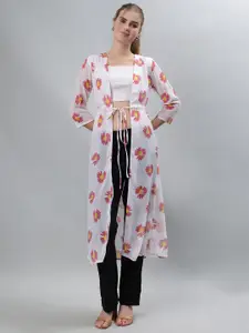 ETRAANA Floral Printed Longline Tie-Up Shrug