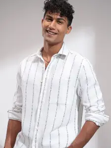 HIGHLANDER Men Comfort Relaxed Fit Cutaway Collar Vertical Striped Casual Shirt