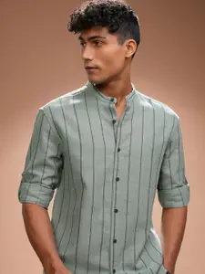 HIGHLANDER Men Comfort Relaxed Fit Band Collar Vertical Striped Casual Shirt