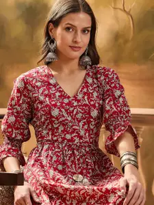 Sangria Women Floral Printed Cotton V-Neck Fit & Flare Knee-Length Dress