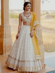 FABPIXEL Embroidered Sequinned Semi-Stitched Lehenga & Unstitched Blouse With Dupatta