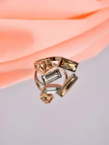 Reenisaa Gold-Plated Cubic-Zirconia-Studded Baguette Shaped Adjustable Finger Ring