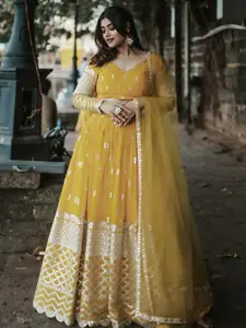 FABPIXEL Embroidered Sequinned Semi-Stitched Lehenga & Unstitched Blouse With Dupatta