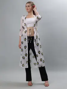 ETRAANA Floral Printed Longline Tie-Up Shrug