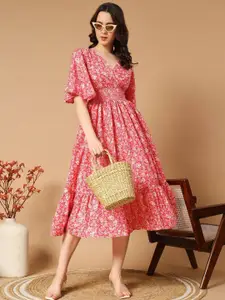 Raiyani Fashion Women Floral Printed Bell Sleeve Applique Crepe Fit & Flare Midi Dress