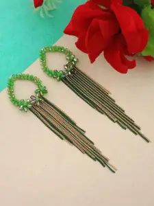 DIVASTRI Gold-Plated Stones Studded Contemporary Shaped Tasselled Drop Earrings