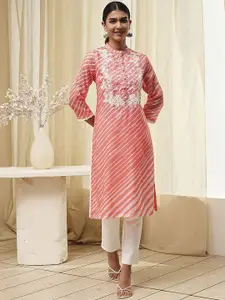 Biba Striped Thread Work Mandarin Collar Straight Kurta