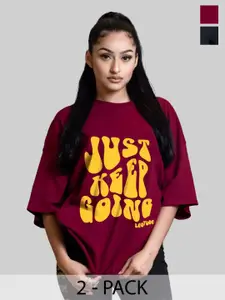 Leotude Women Pack Of 2 Typography Printed Round Neck Cotton Oversized T-shirts