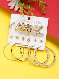 YouBella Set Of 9 Gold-Plated Contemporary Shaped Oxidised Hoop Earrings