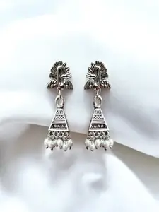 AccessHer Silver-Plated Artificial Beaded Dome Shaped Oxidised jhumkas